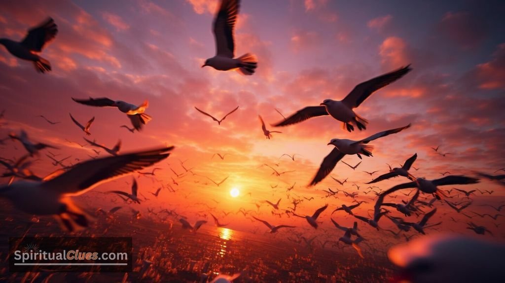 Birds flying in unison