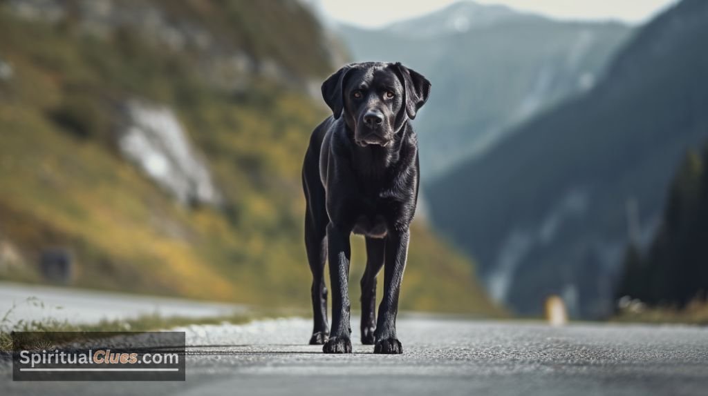 black dog crossing a road