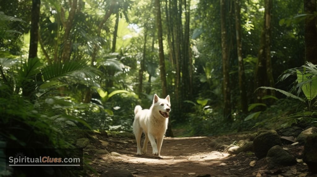 white dog crossing a path