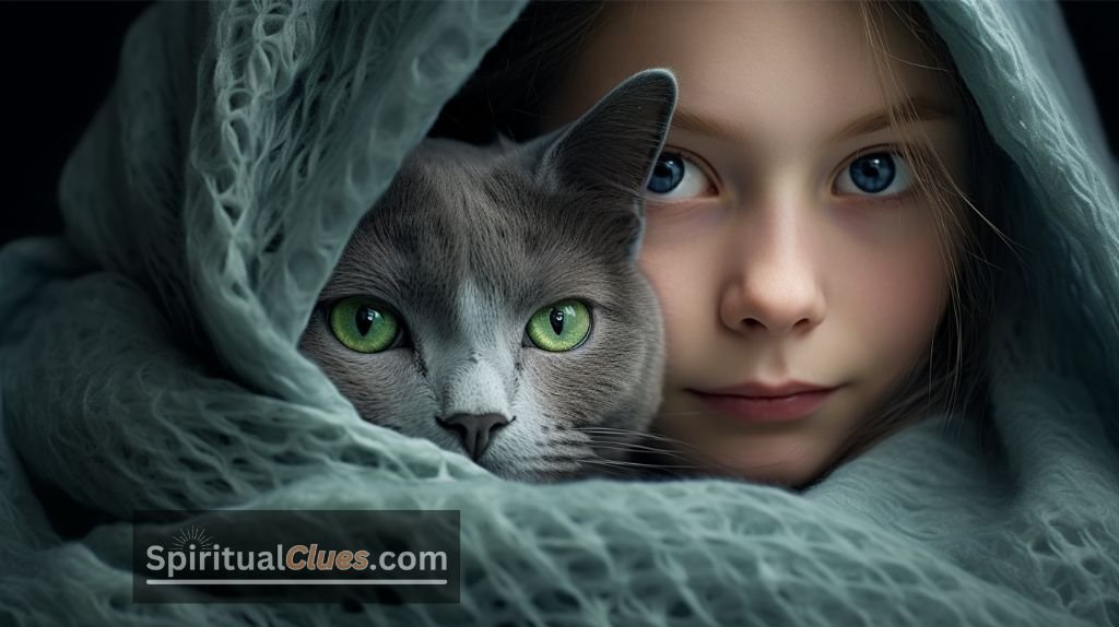 russian blue cat and a girl