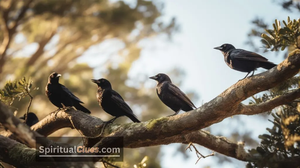 flock of black birds on a tree