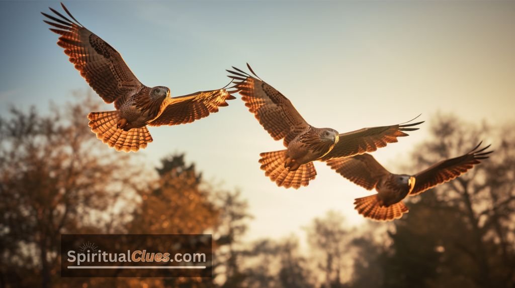 three hawks flying together