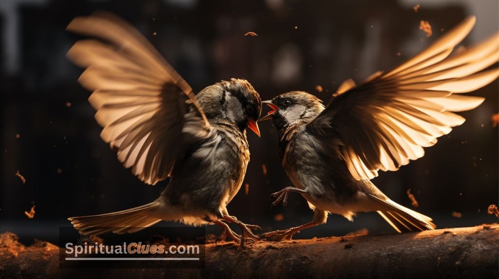 two birds fighting