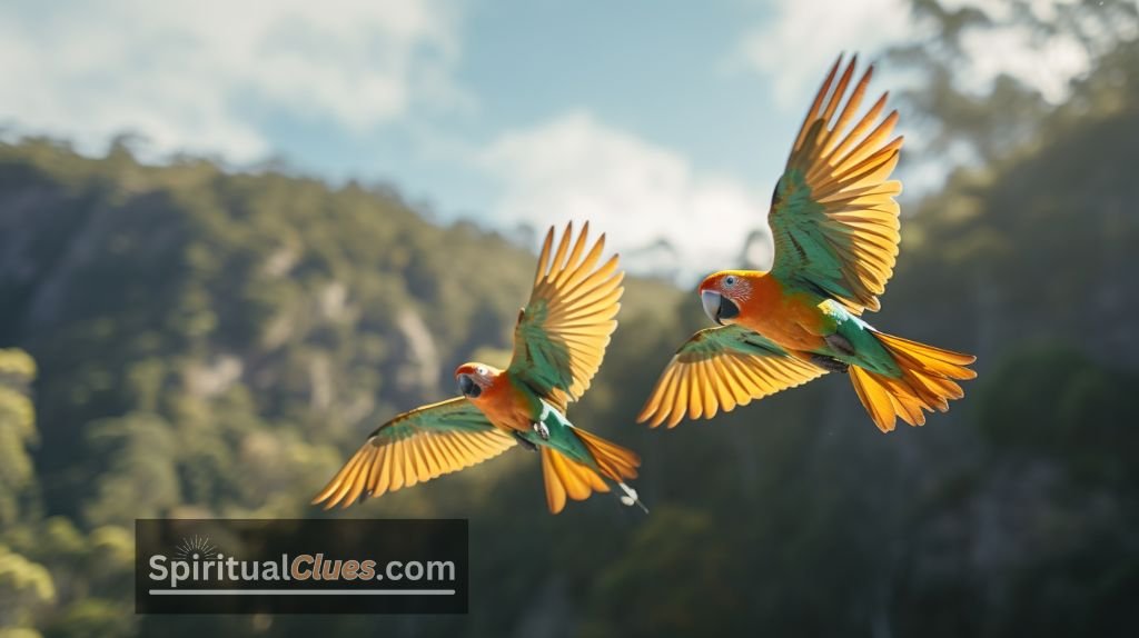 two parrots flying